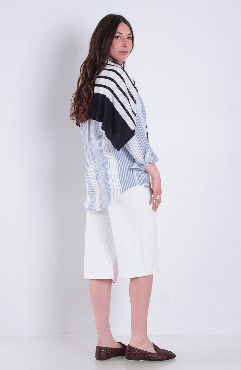 Blusa Listada Manga Larga Abotonada En Delantero-7