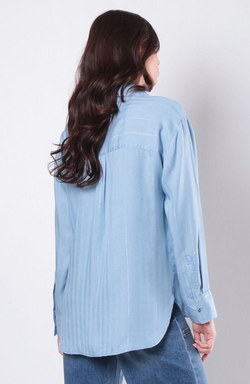 Blusa Tencel Listado Lurex Manga Larga Abotonada En Delantero-2