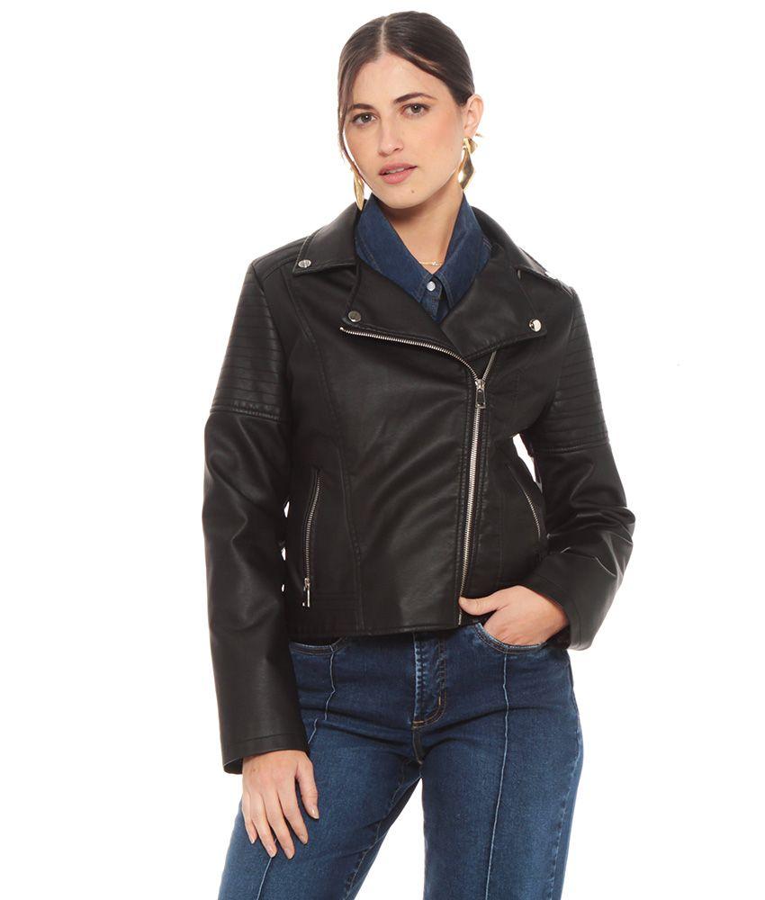 Chaqueta Manga Larga De Cuero Ecologico Con Cierre-0