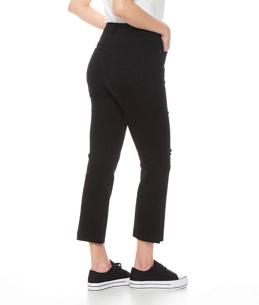 JEANS BASICO CROP TIRO ALTO FLARE PRETINA UN BOTON ROTURA RODILLA-0