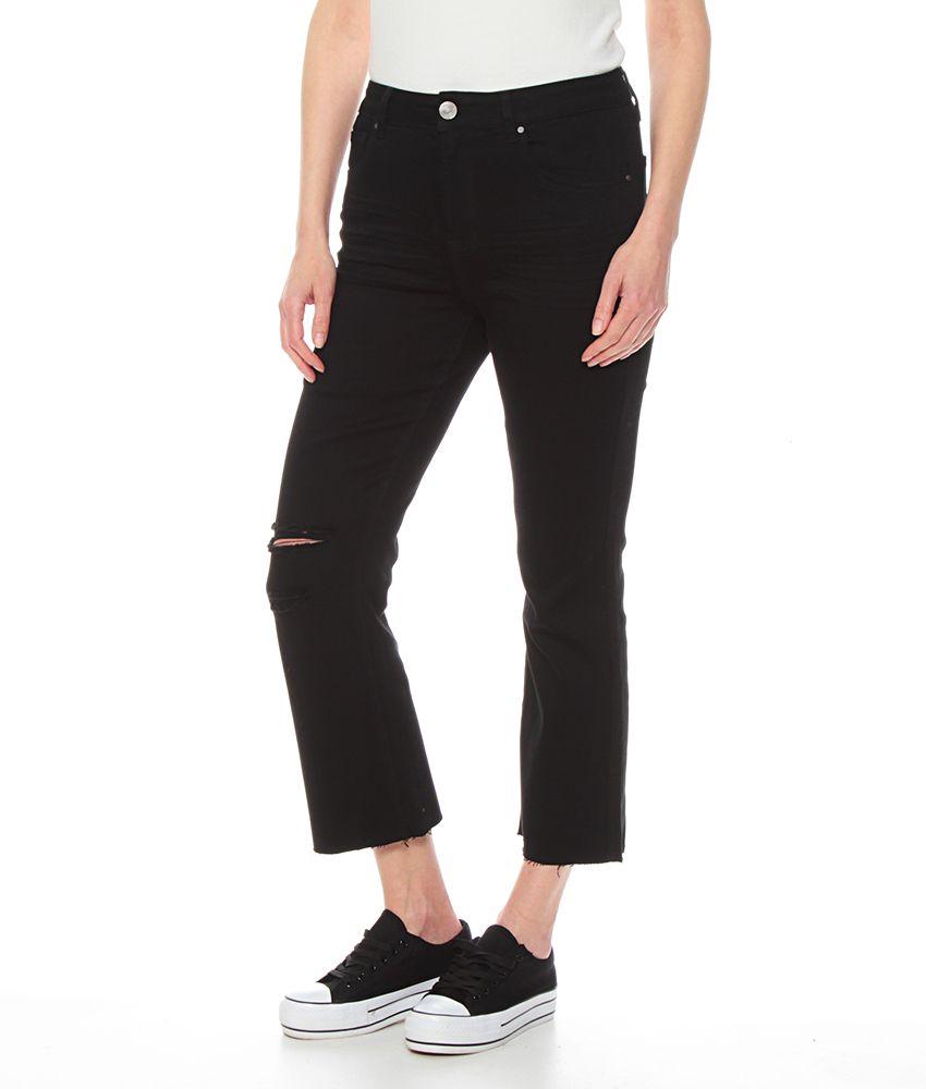 JEANS BASICO CROP TIRO ALTO FLARE PRETINA UN BOTON ROTURA RODILLA-2