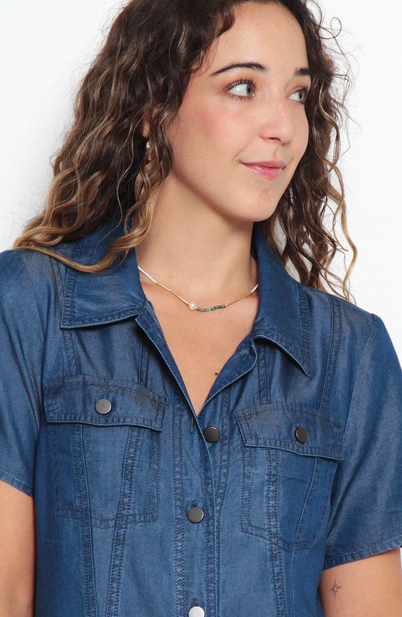 Vestido Manga Corta Tencel Abotonada En Delantero Y Bolsilllos-2