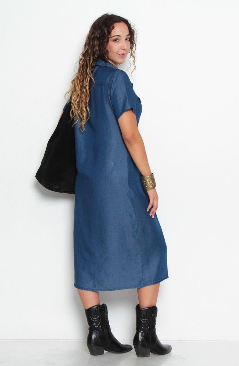 Vestido Manga Corta Tencel Abotonada En Delantero Y Bolsilllos-4