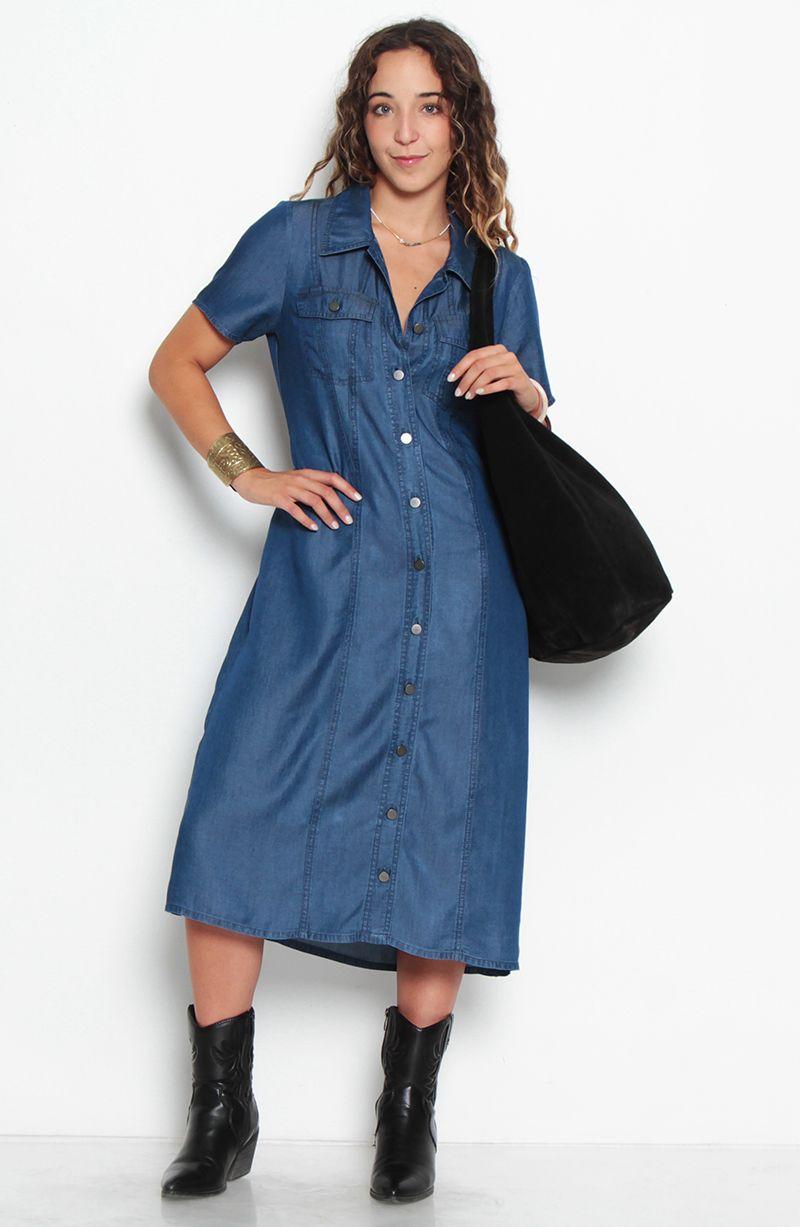 Vestido Manga Corta Tencel Abotonada En Delantero Y Bolsilllos-6