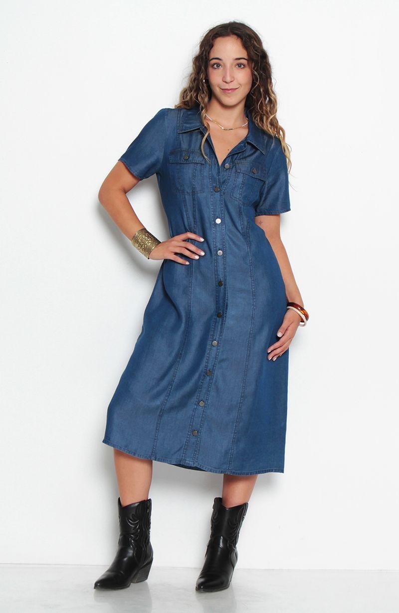 Vestido Manga Corta Tencel Abotonada En Delantero Y Bolsilllos-1