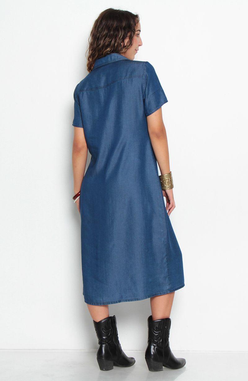 Vestido Manga Corta Tencel Abotonada En Delantero Y Bolsilllos-5