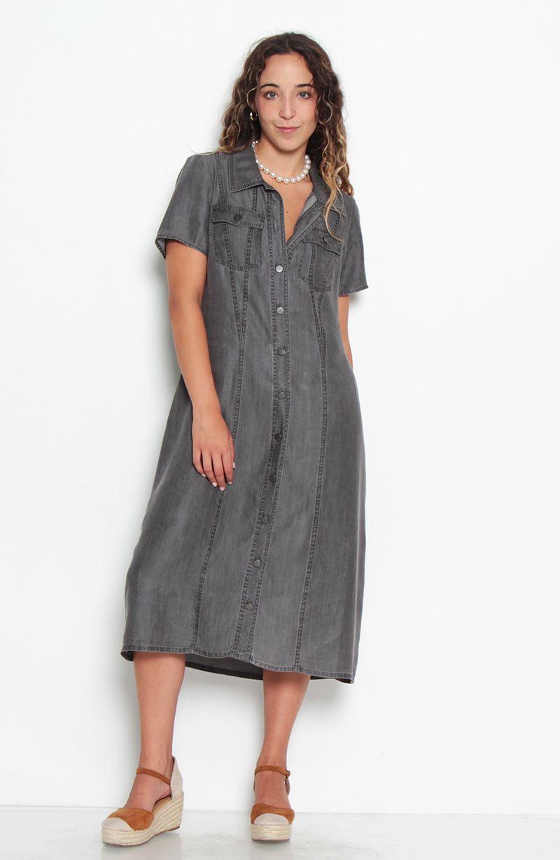 Vestido Manga Corta Tencel Abotonada En Delantero Y Bolsilllos-0