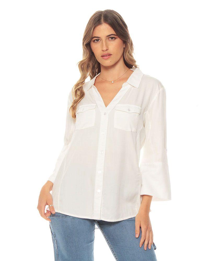 Blusa Manga Larga Solida Cuello Camisero Escote V-0