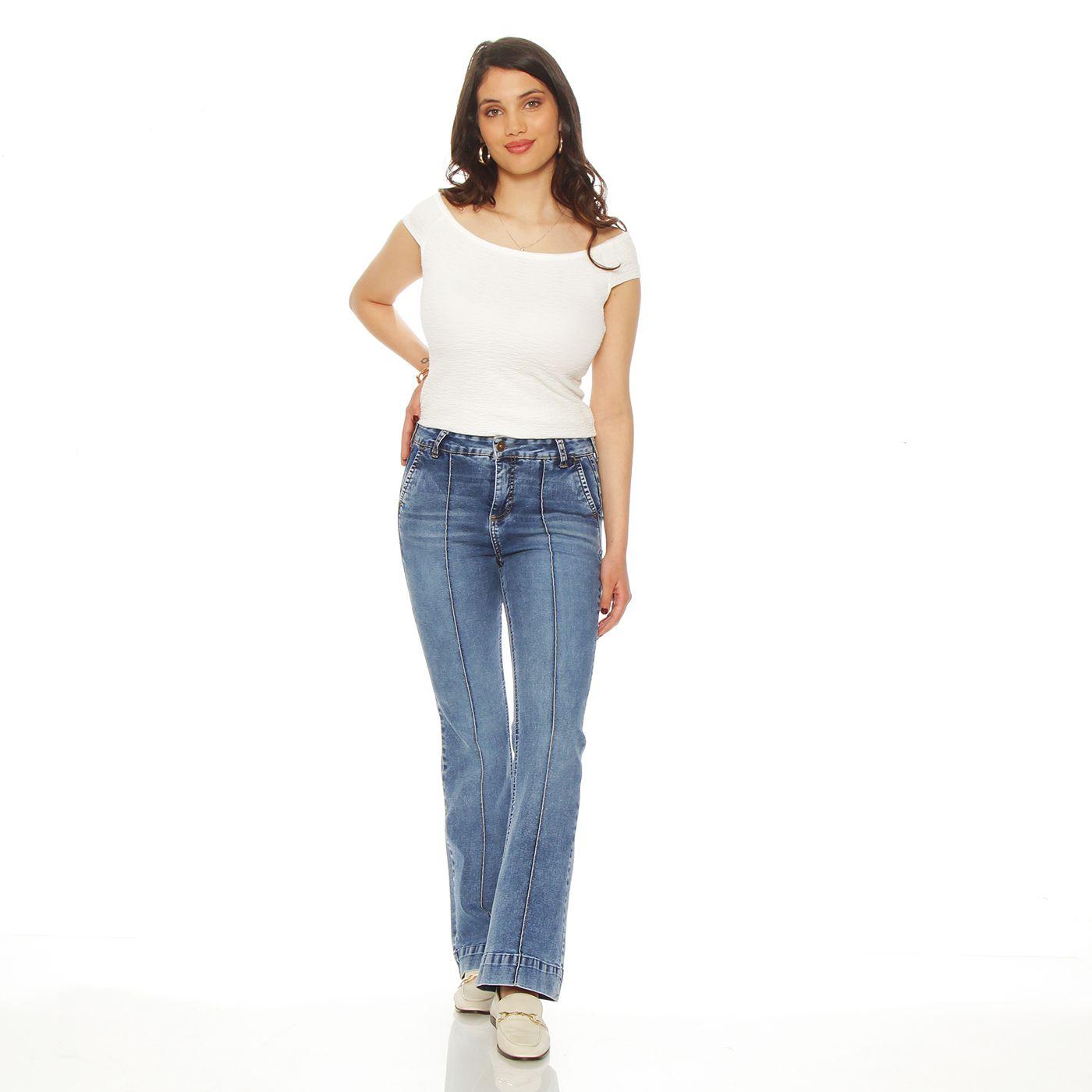 Jeans Flare Alforza Tiro  Alto Pretina Basica 1 Boton-3