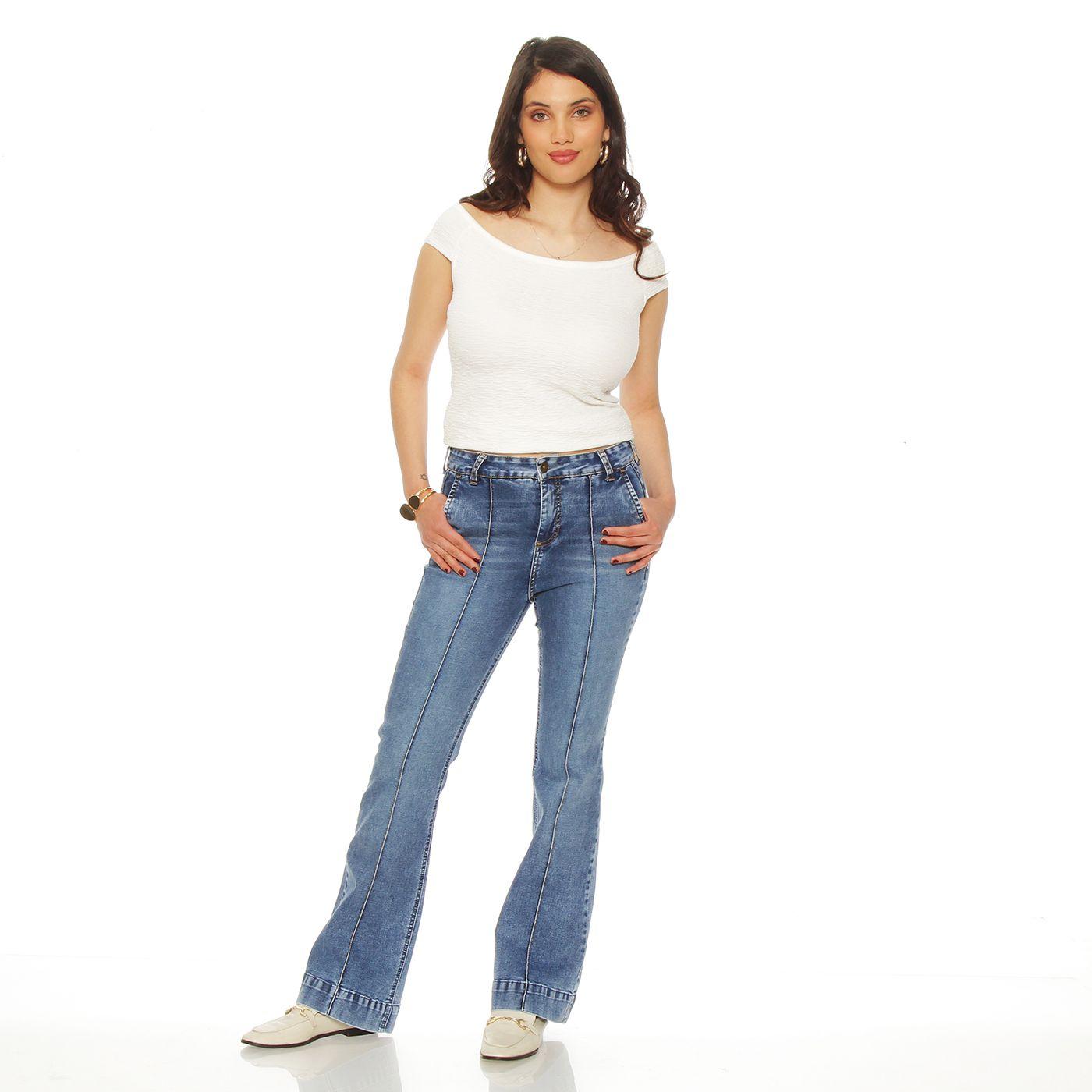 Jeans Flare Alforza Tiro  Alto Pretina Basica 1 Boton-4