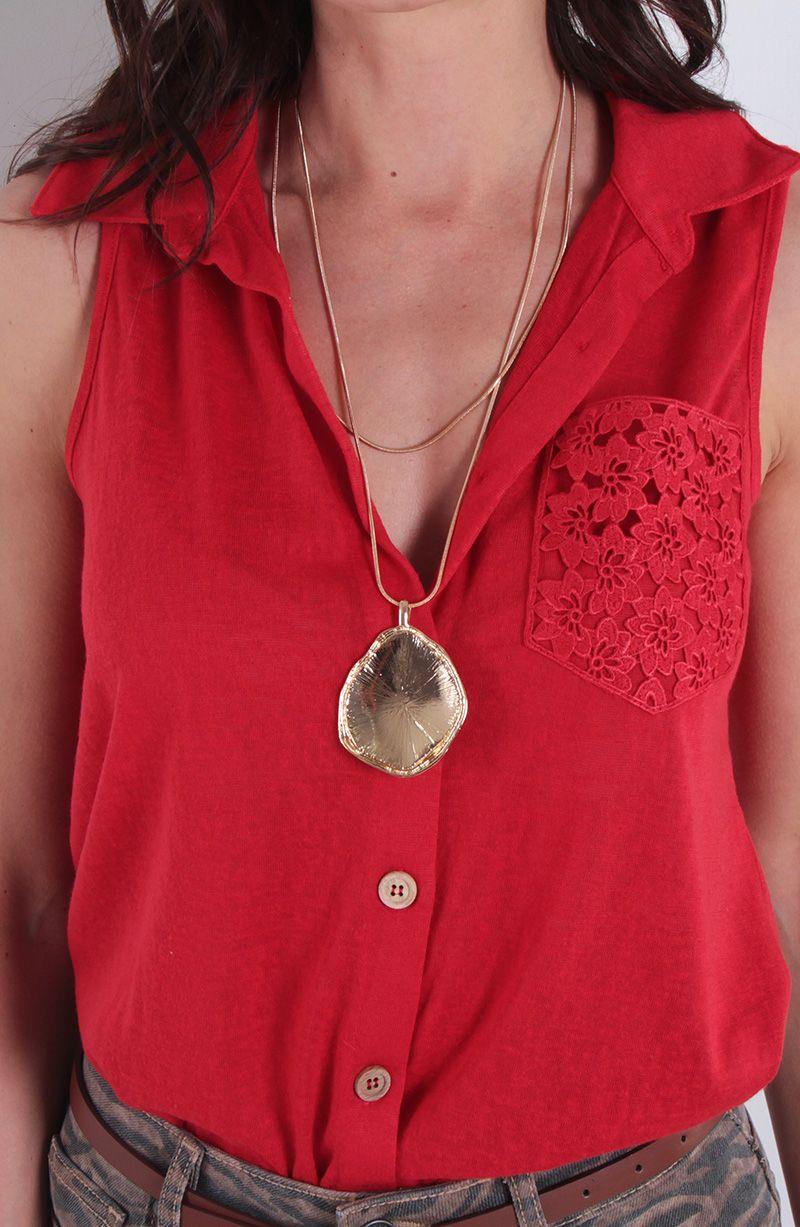 Blusa Sin Manga Abotonada En Delantero Y Bolsillo Con Aplicacion-2