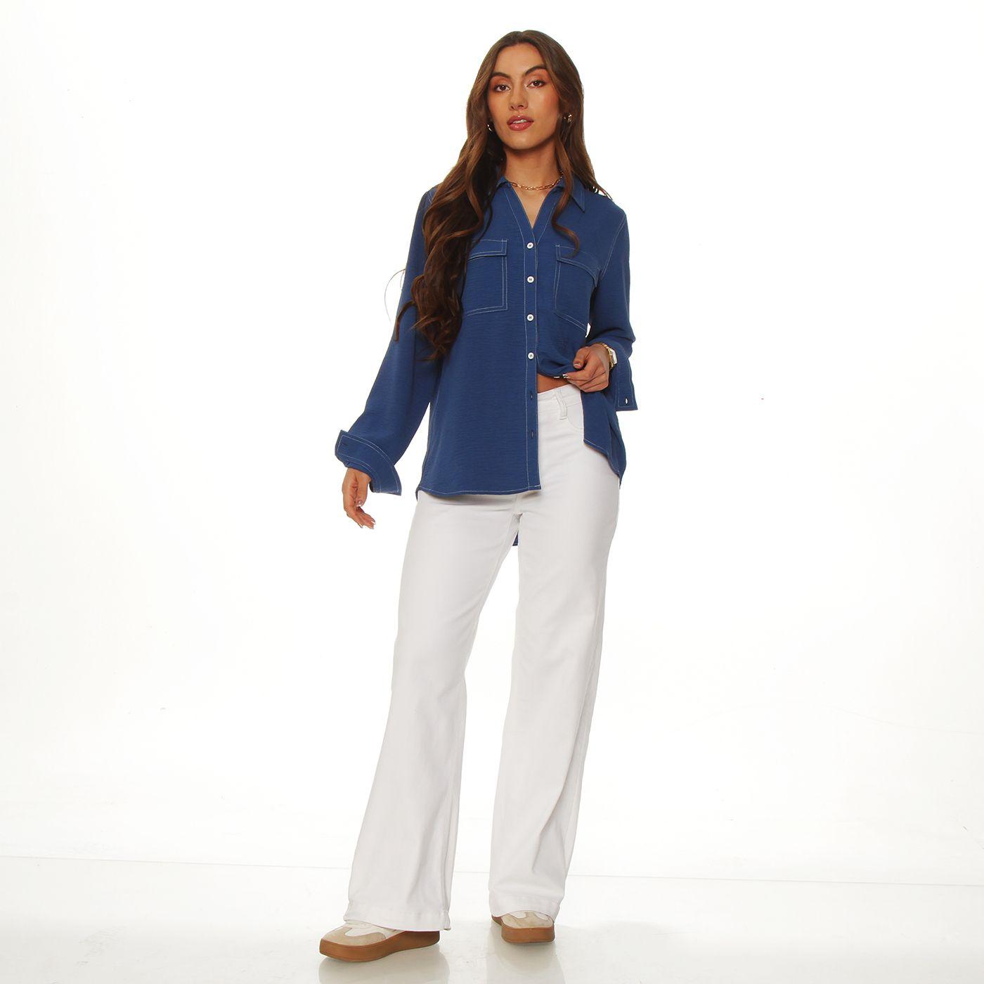 Blusa Manga Larga Abotonada En Delantero Con Bolsillos Delantero-3