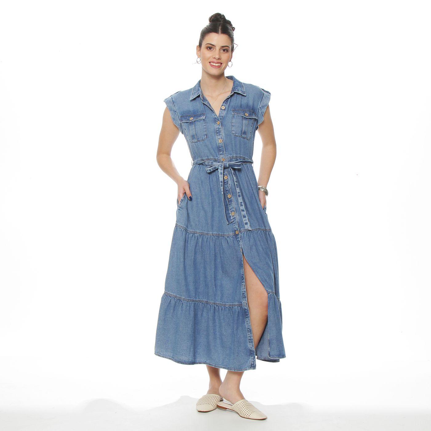Vestido Denim Camisero Manga Corta Abotonado En Delantero Con Lazo-2