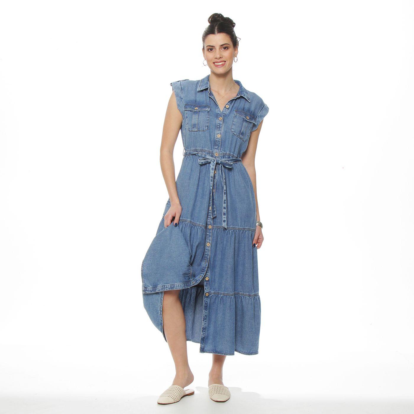Vestido Denim Camisero Manga Corta Abotonado En Delantero Con Lazo-3