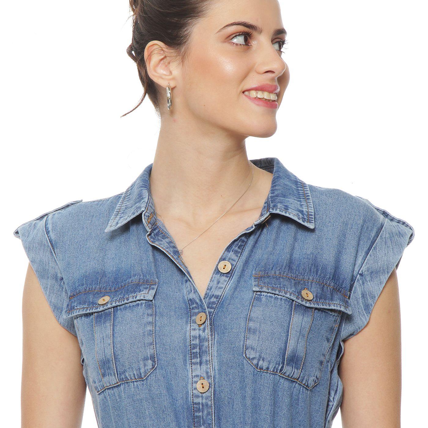 Vestido Denim Camisero Manga Corta Abotonado En Delantero Con Lazo-4