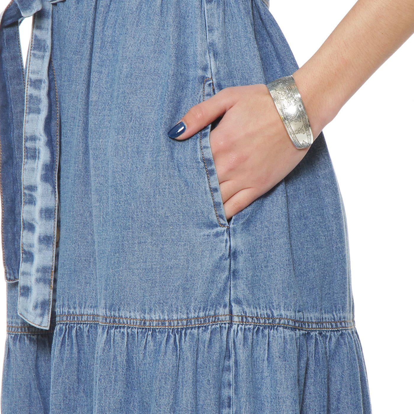 Vestido Denim Camisero Manga Corta Abotonado En Delantero Con Lazo-5