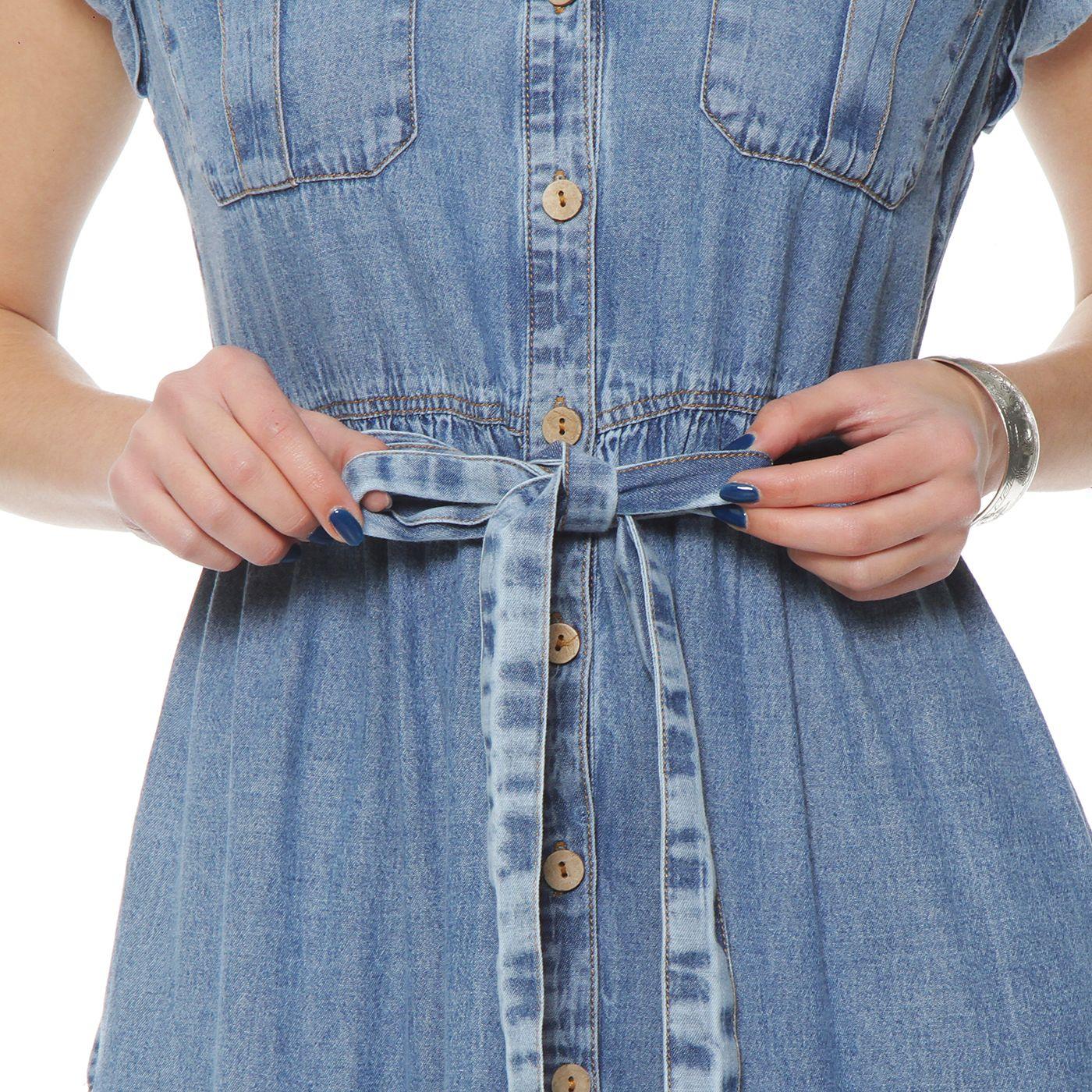 Vestido Denim Camisero Manga Corta Abotonado En Delantero Con Lazo-6