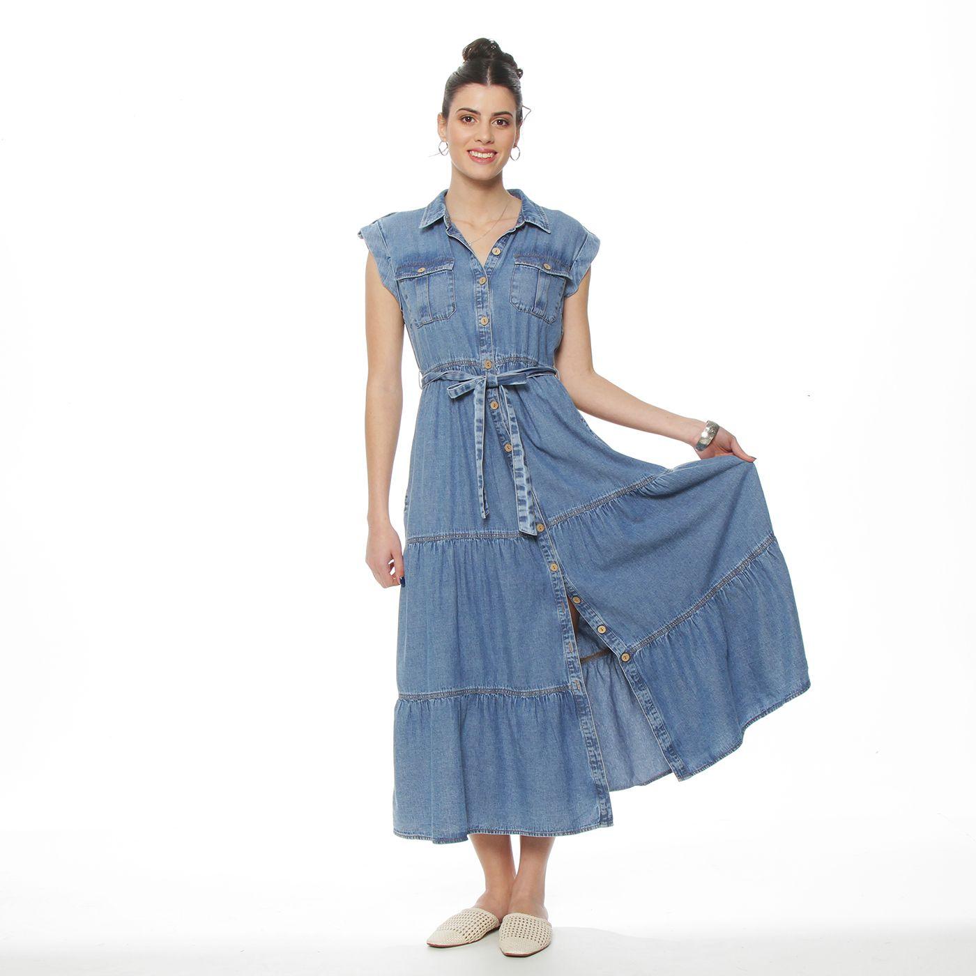 Vestido Denim Camisero Manga Corta Abotonado En Delantero Con Lazo-7