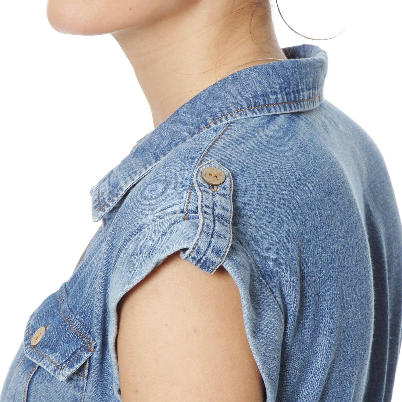Vestido Denim Camisero Manga Corta Abotonado En Delantero Con Lazo-9