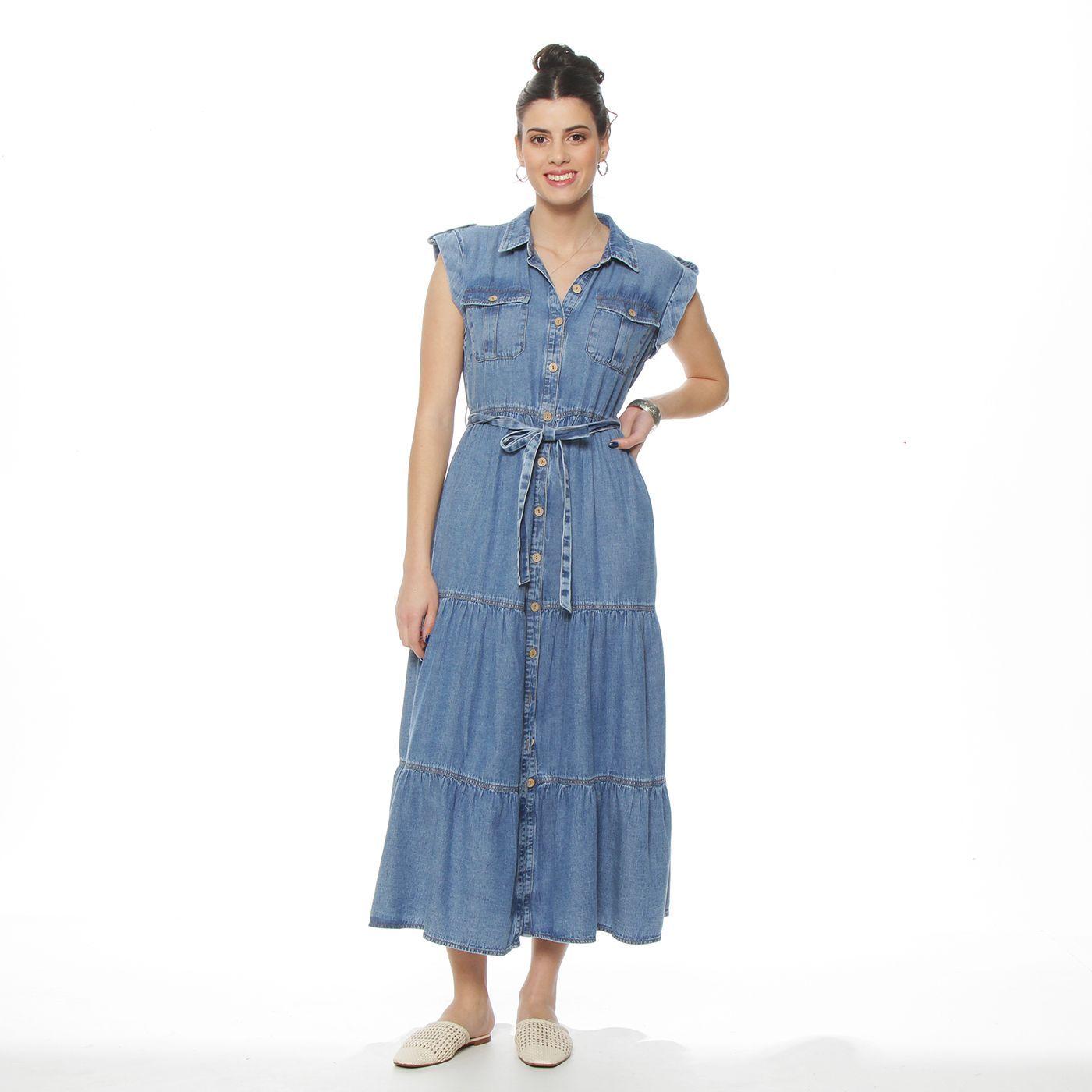 Vestido Denim Camisero Manga Corta Abotonado En Delantero Con Lazo-0