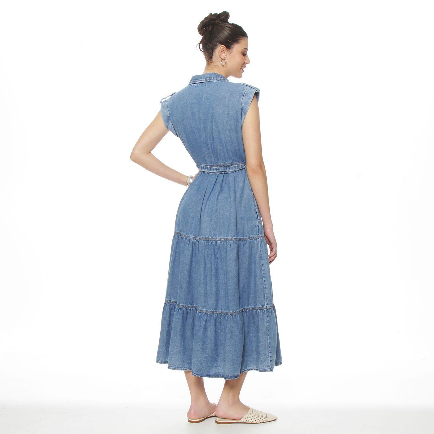 Vestido Denim Camisero Manga Corta Abotonado En Delantero Con Lazo-1