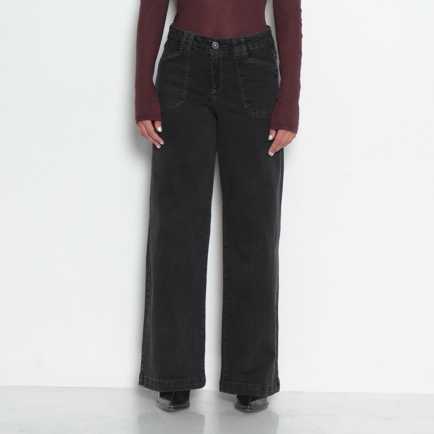 Jeans Wide Cargo Tiro Medio Pretina Basica   Un Boton-0