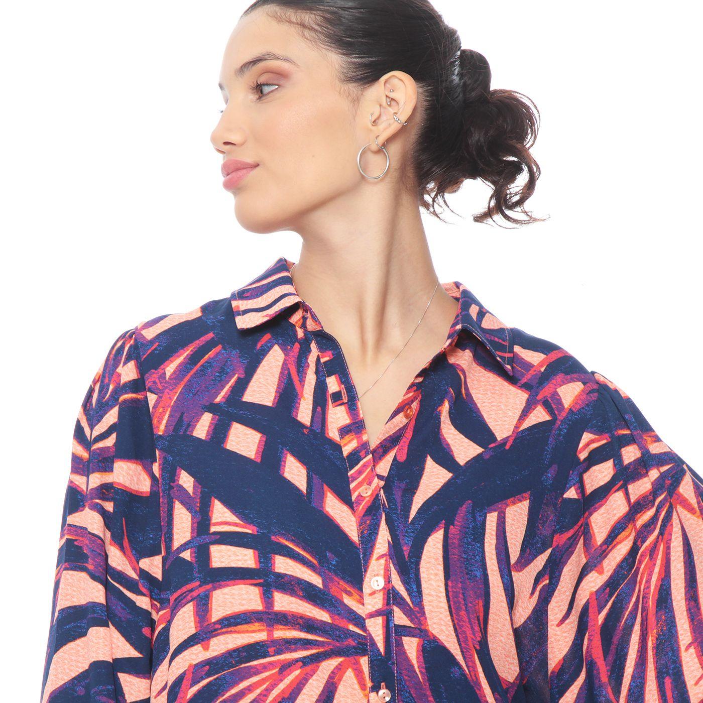Blusa Manga Larga Estampada Abotonada En Delantero-2