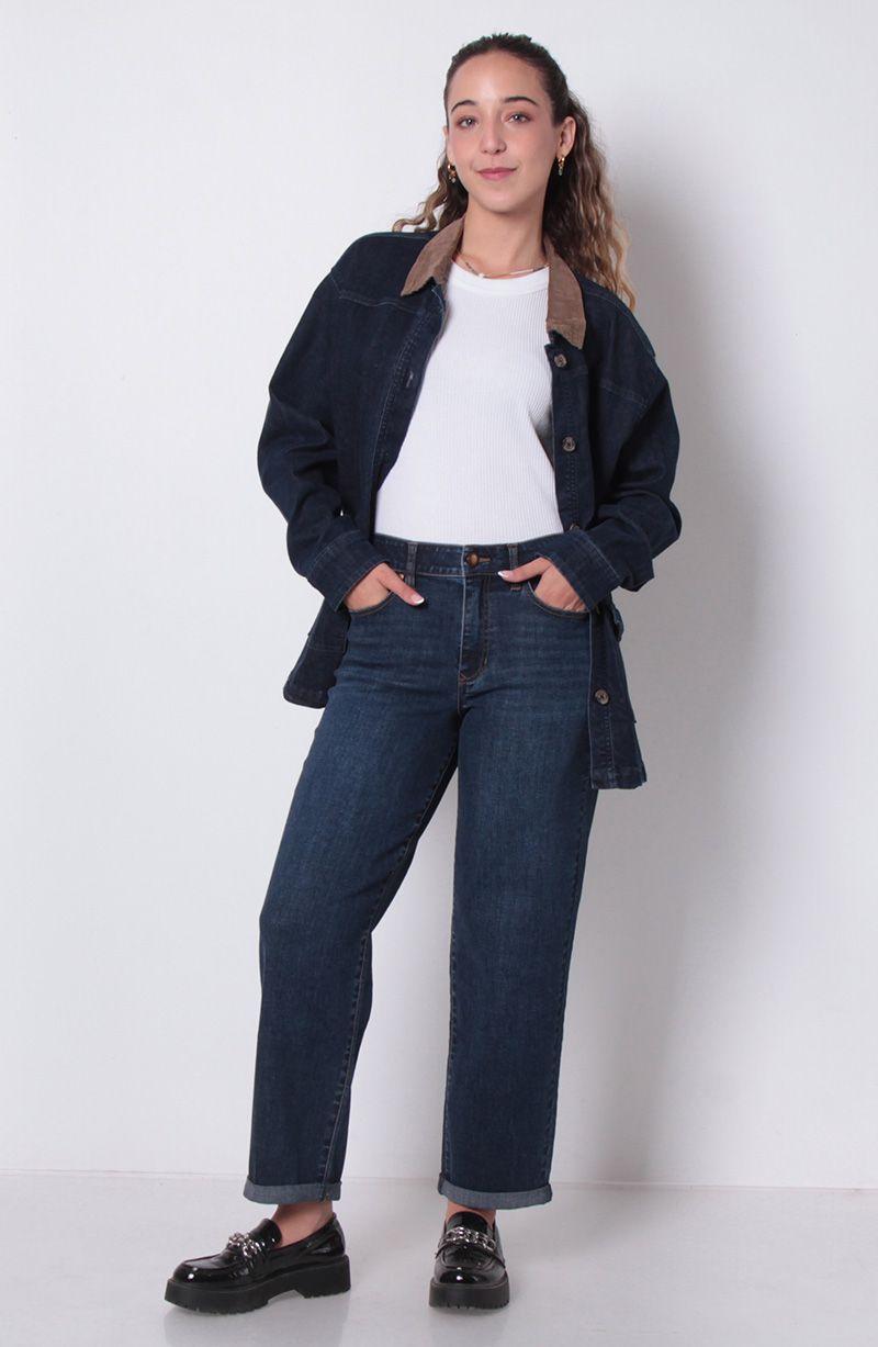 Jeans Recto Roll Up Tiro Alto Pretina Basica  1 Boton-4