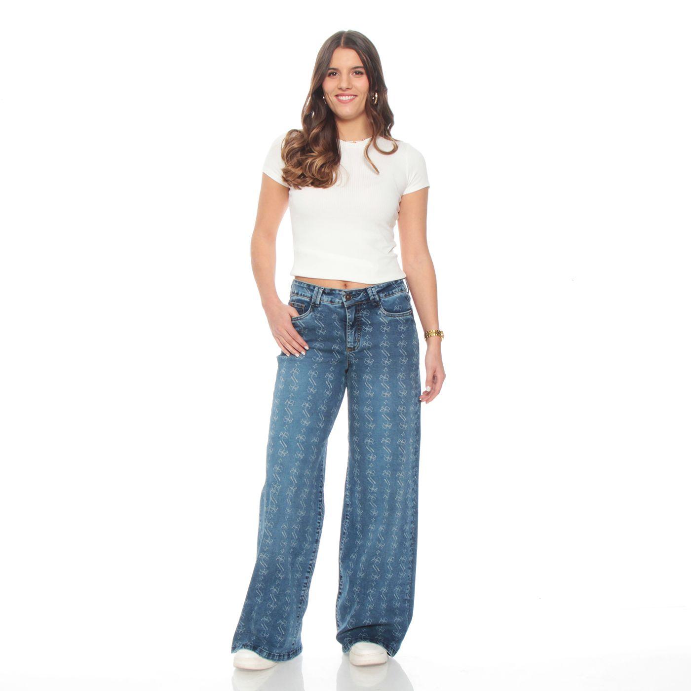 Jeans Wide Leg Tiro Alto Full  Print Pretina 1 Boton-2