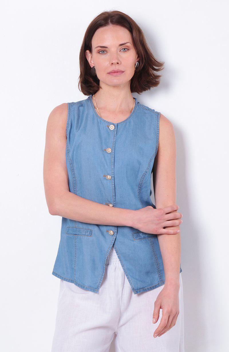 Vest Tencel Sin Manga Abotonda En Delantero Escote Redondo-0
