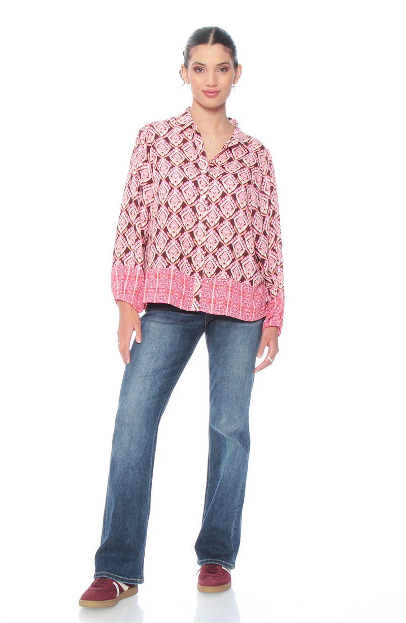 Blusa Manga Larga Estampada Abotonada En  Delantero-2