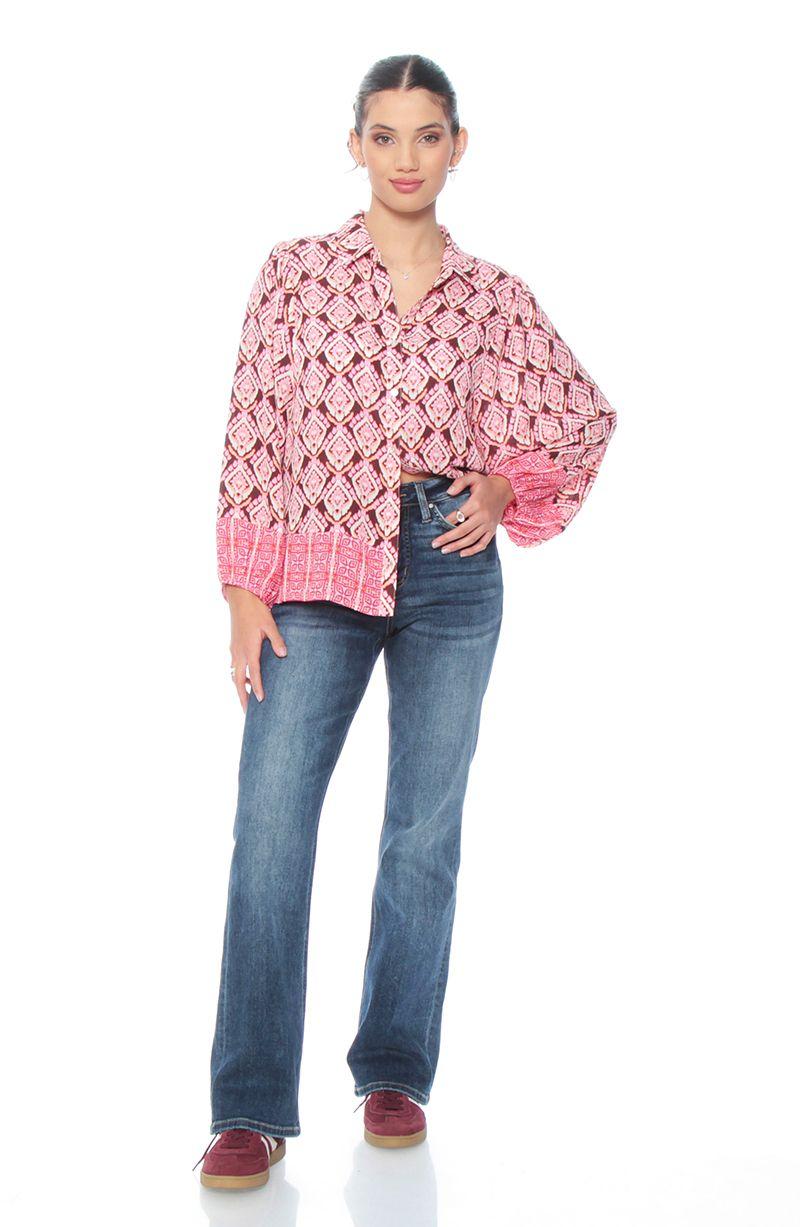 Blusa Manga Larga Estampada Abotonada En  Delantero-3