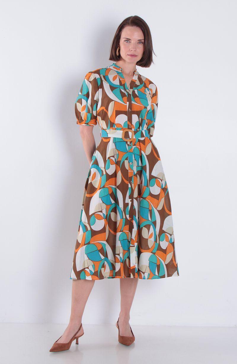 Vestido Estampado Manga Corta Con Cinturon Escote V-0