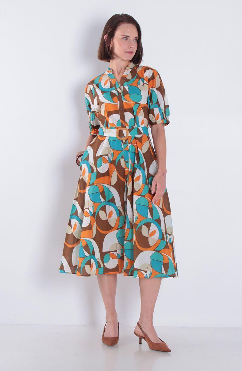 Vestido Estampado Manga Corta Con Cinturon Escote V-5