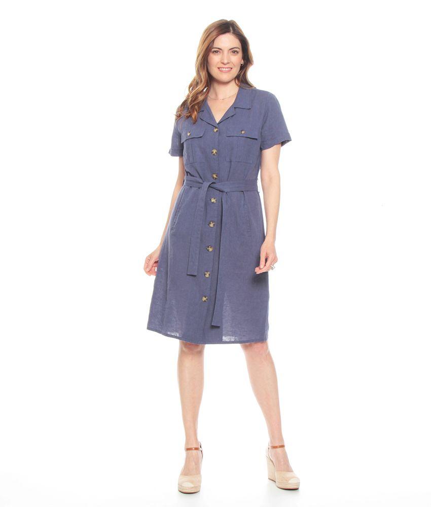 Vestido Manga Corta Solido Camisero Lazo En Cintura-0