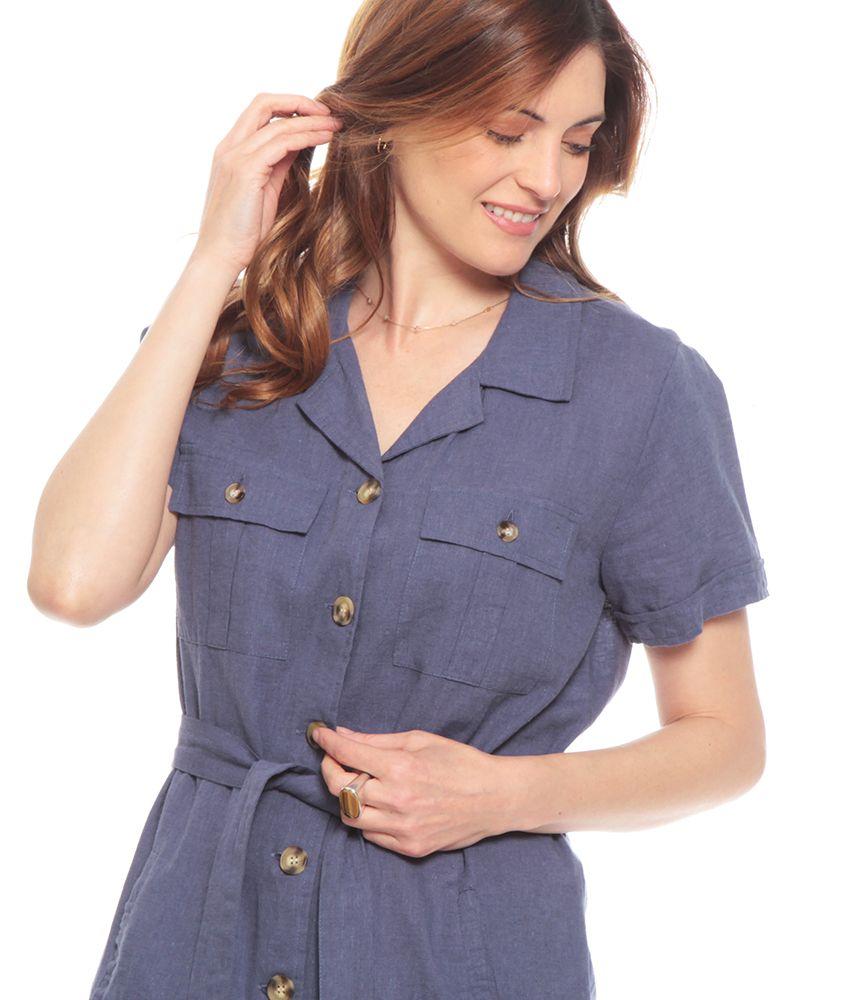 Vestido Manga Corta Solido Camisero Lazo En Cintura-2