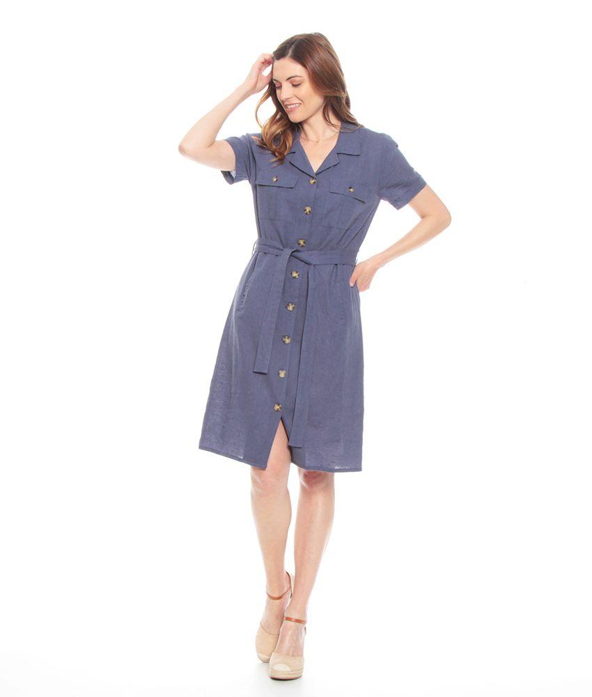 Vestido Manga Corta Solido Camisero Lazo En Cintura-3