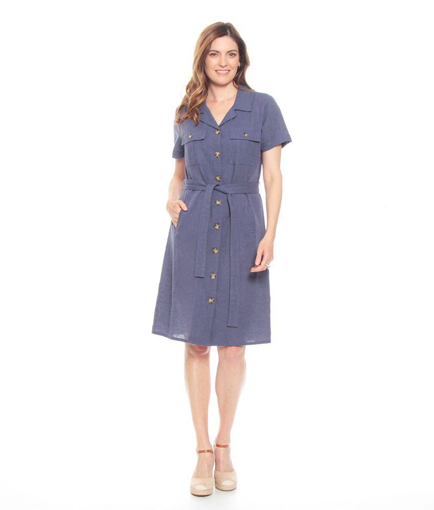 Vestido Manga Corta Solido Camisero Lazo En Cintura-4