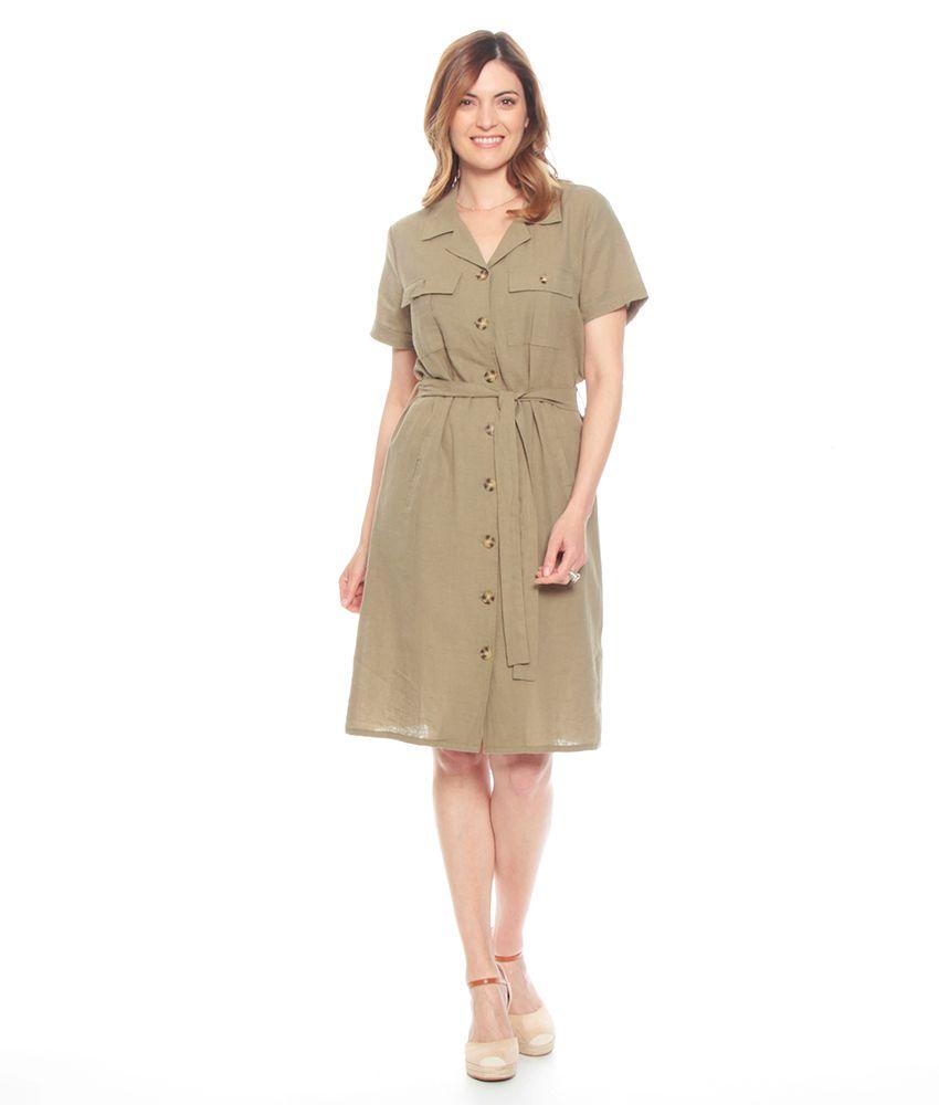 Vestido Manga Corta Solido Camisero Lazo En Cintura-0