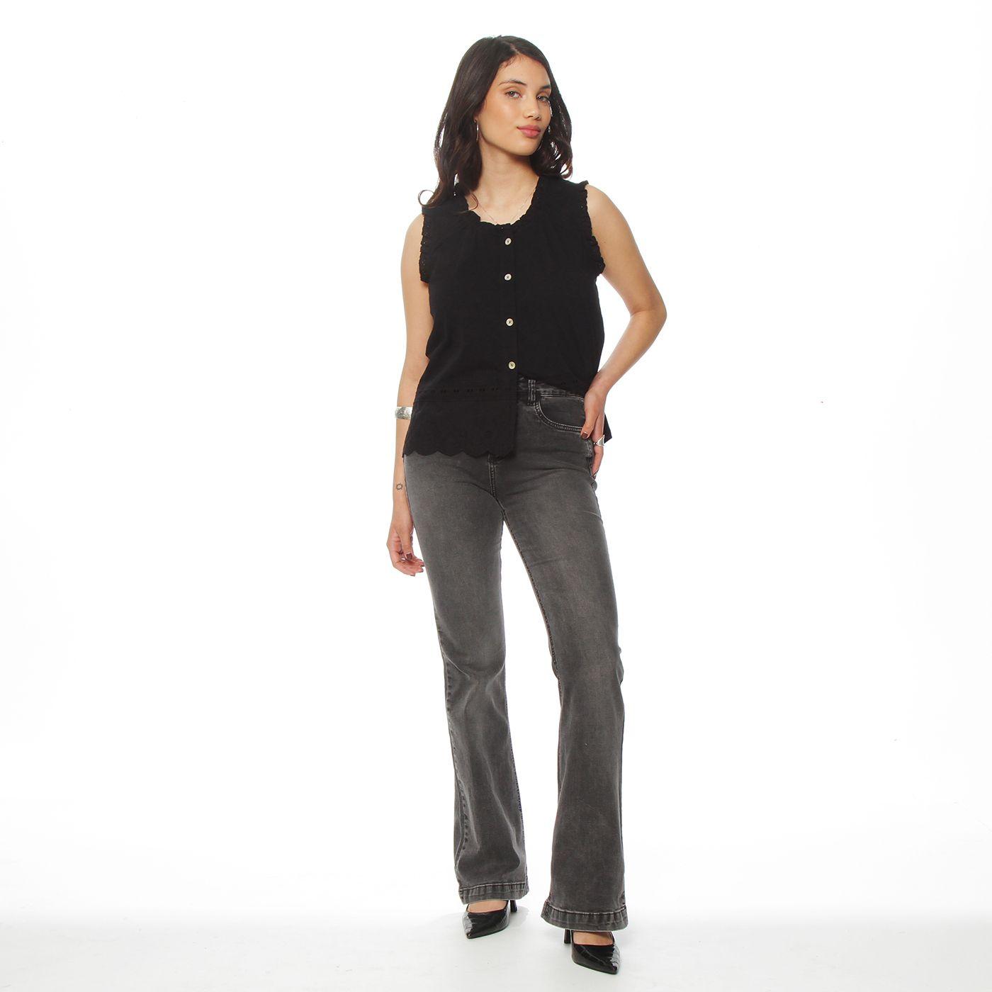 Jeans Flare Tiro Alto  Pretina Basica 1  Boton-1