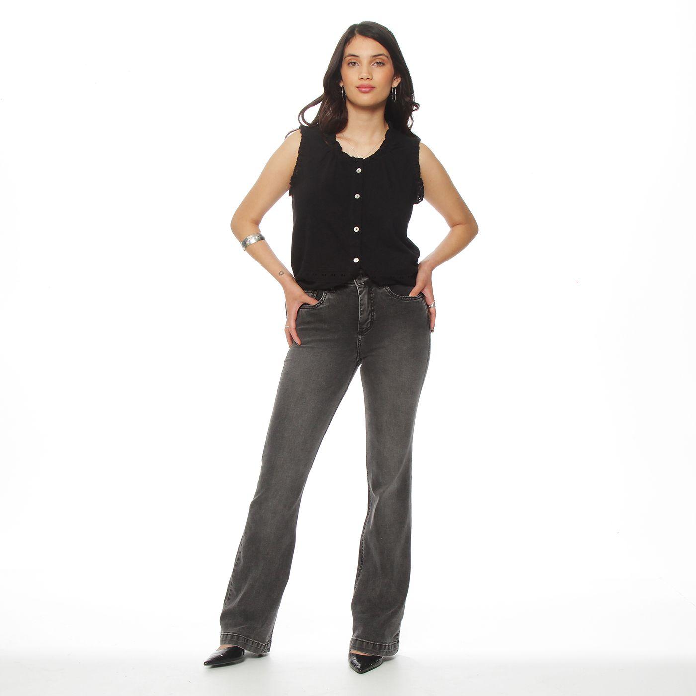 Jeans Flare Tiro Alto  Pretina Basica 1  Boton-4