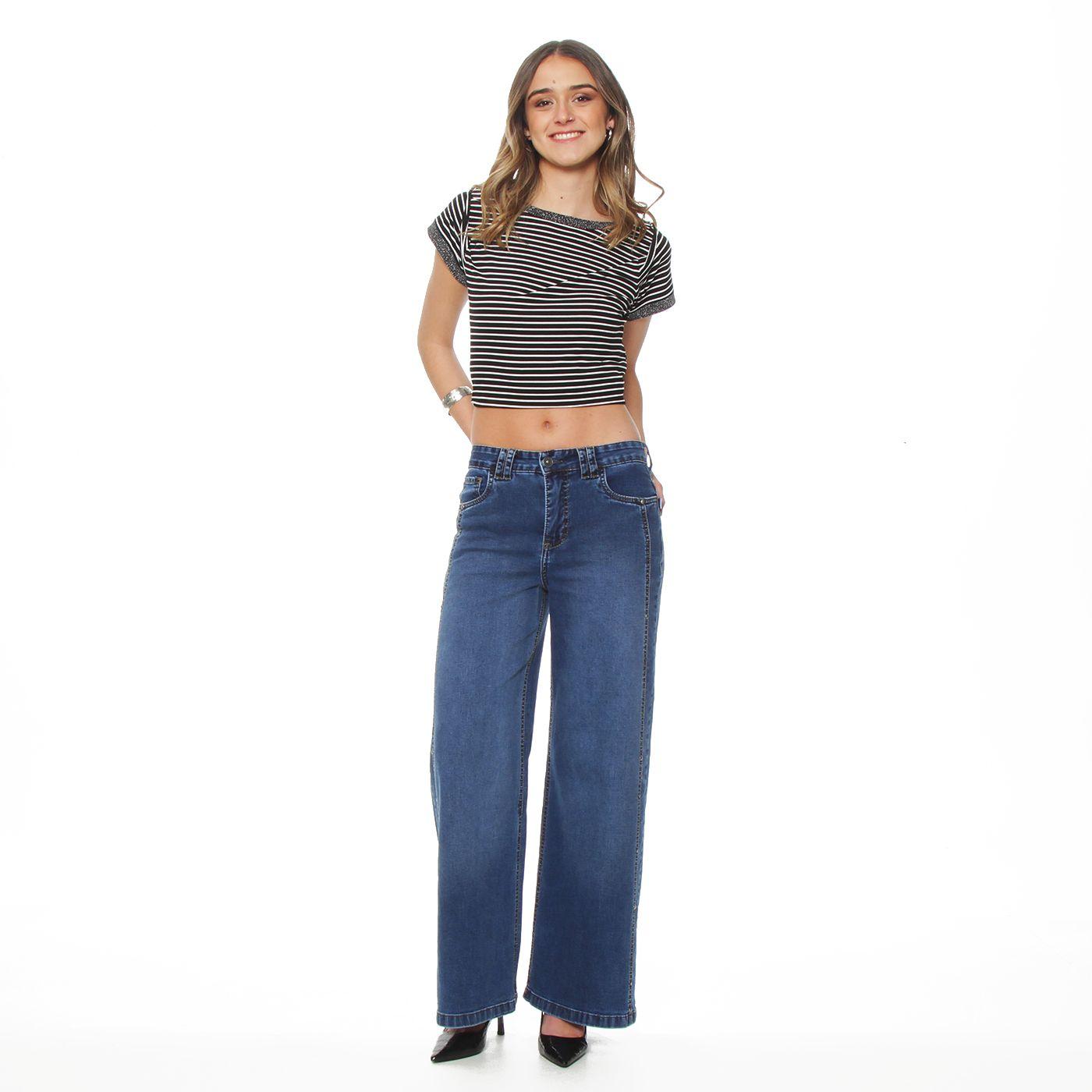 Jeans Wide Leg Tiro Alto Costadillo Pretina Basica 1 Boton Tachas-4