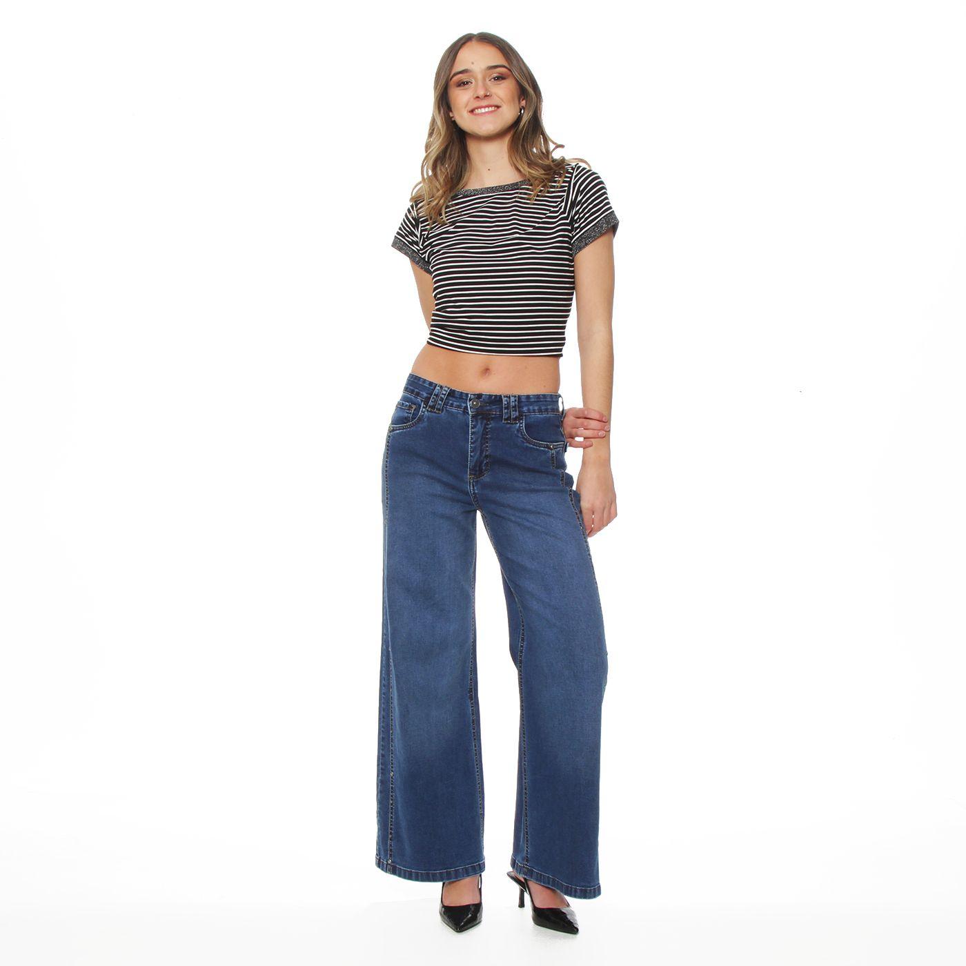Jeans Wide Leg Tiro Alto Costadillo Pretina Basica 1 Boton Tachas-5
