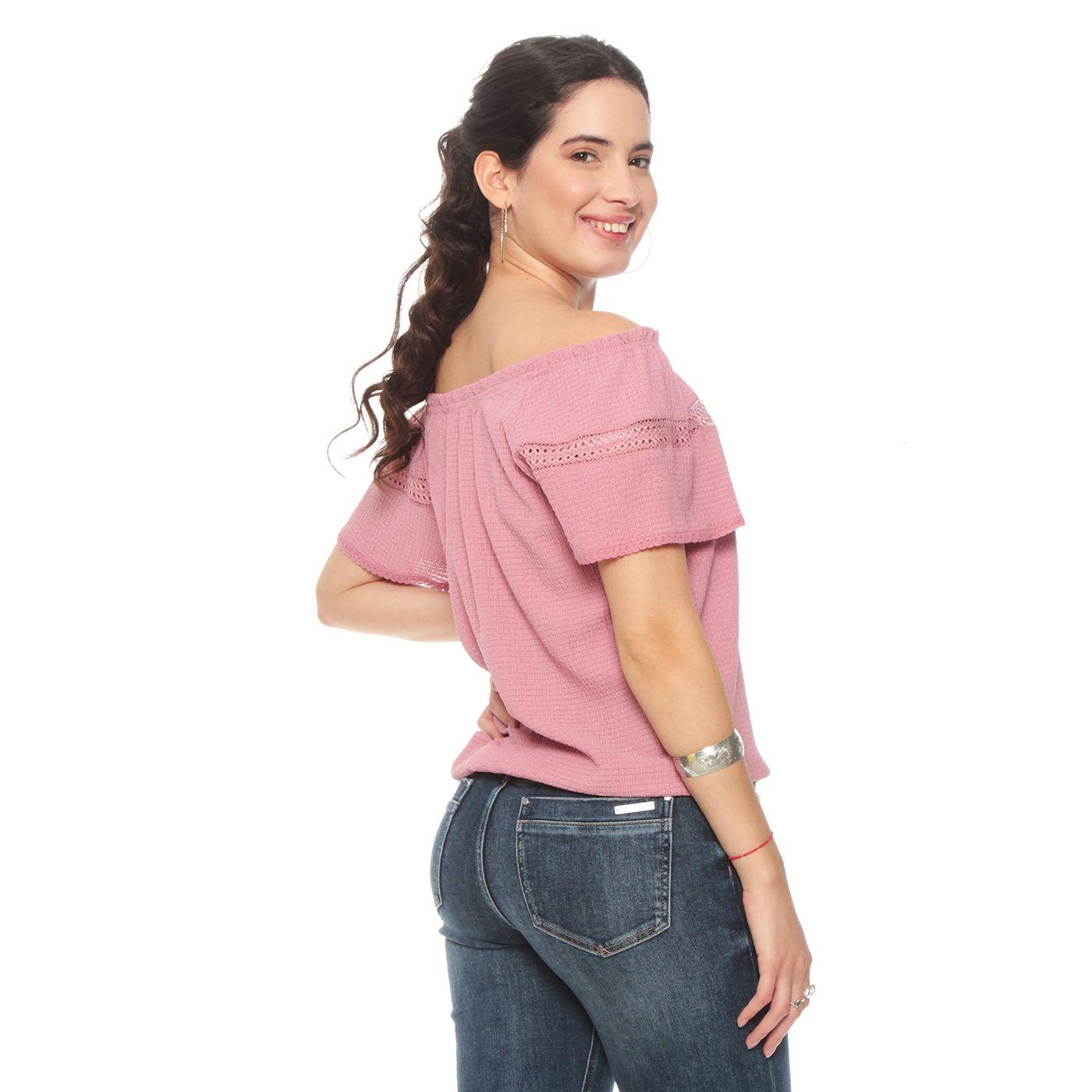 Blusa Manga Corta Solida Escote Redondo Elasticado-5