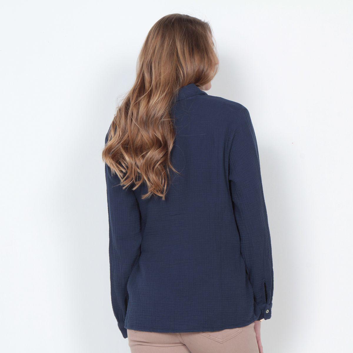 Blusa Manga Larga Solida Cuello Camisero Bolsillo Delantero-6