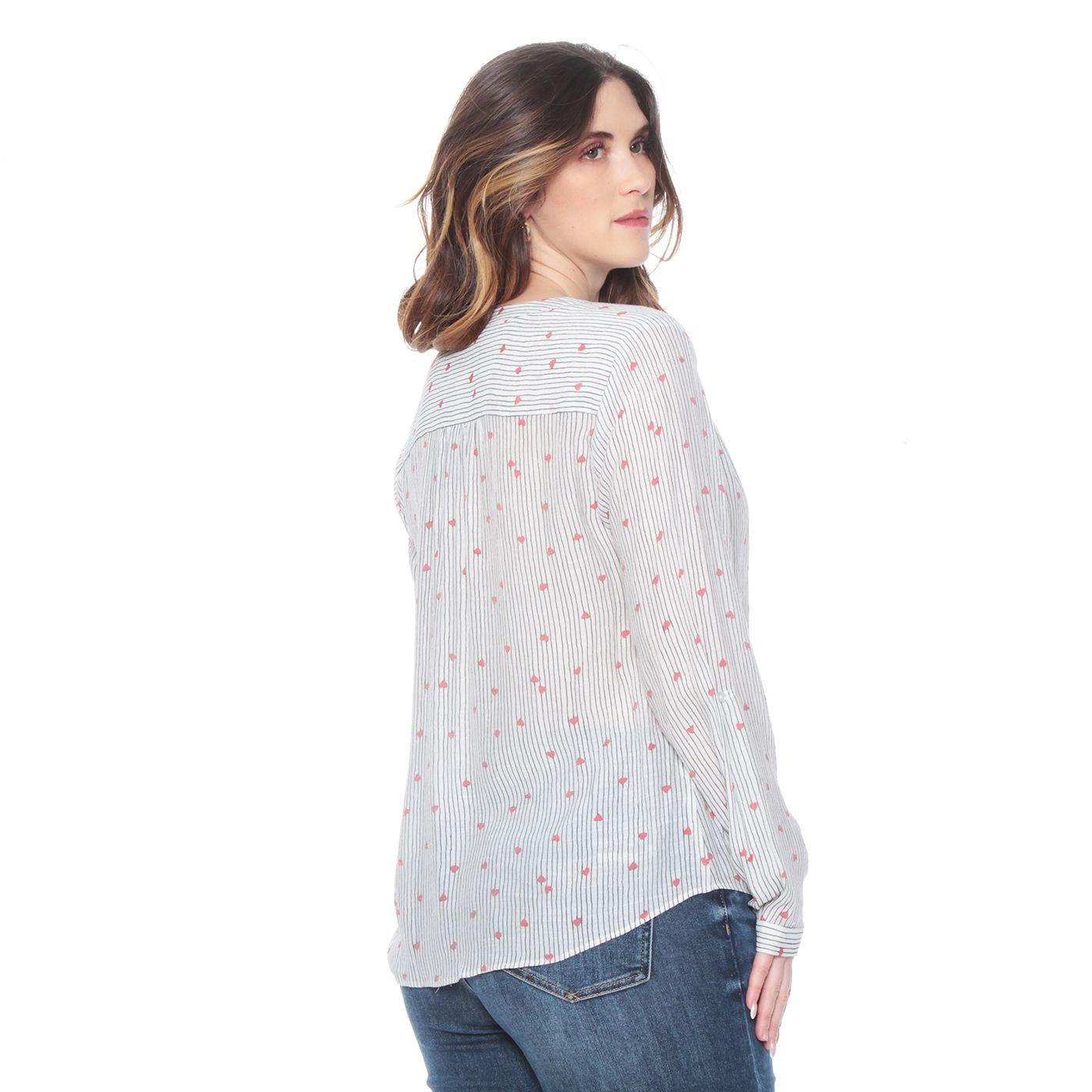 Blusa Manga Larga Estampada Escote V Abotonada En Delantero-4