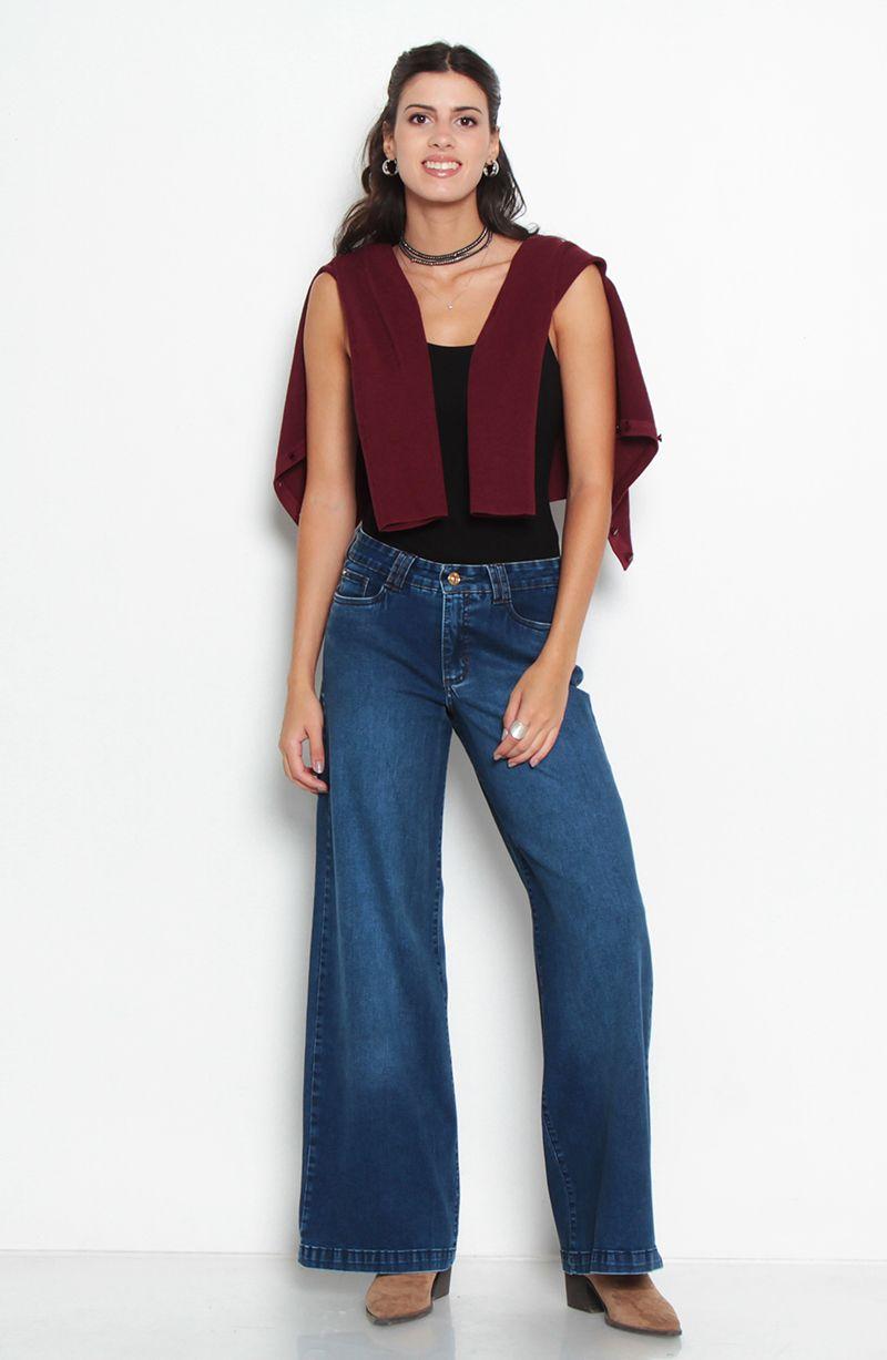 Jeans Wide Tiro   Alto Pretina Basico Un Boton-7