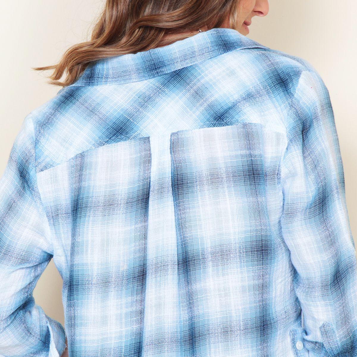 Blusa Manga Larga Escoces Abotonada En Delantero Y Bolsillos-5
