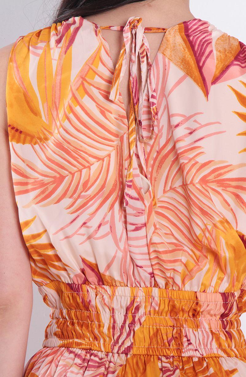 Vestido Estampado Sin Manga Escote V Con Cintura Elasticada-3