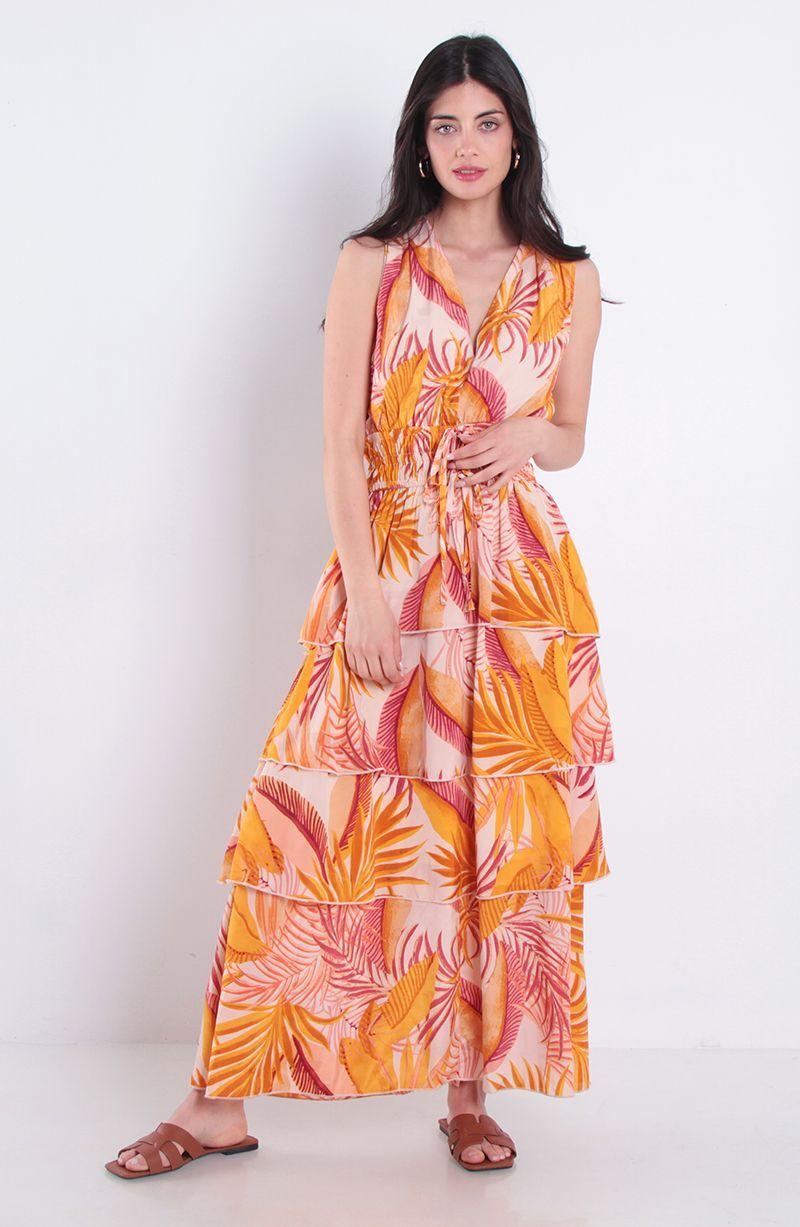 Vestido Estampado Sin Manga Escote V Con Cintura Elasticada-4